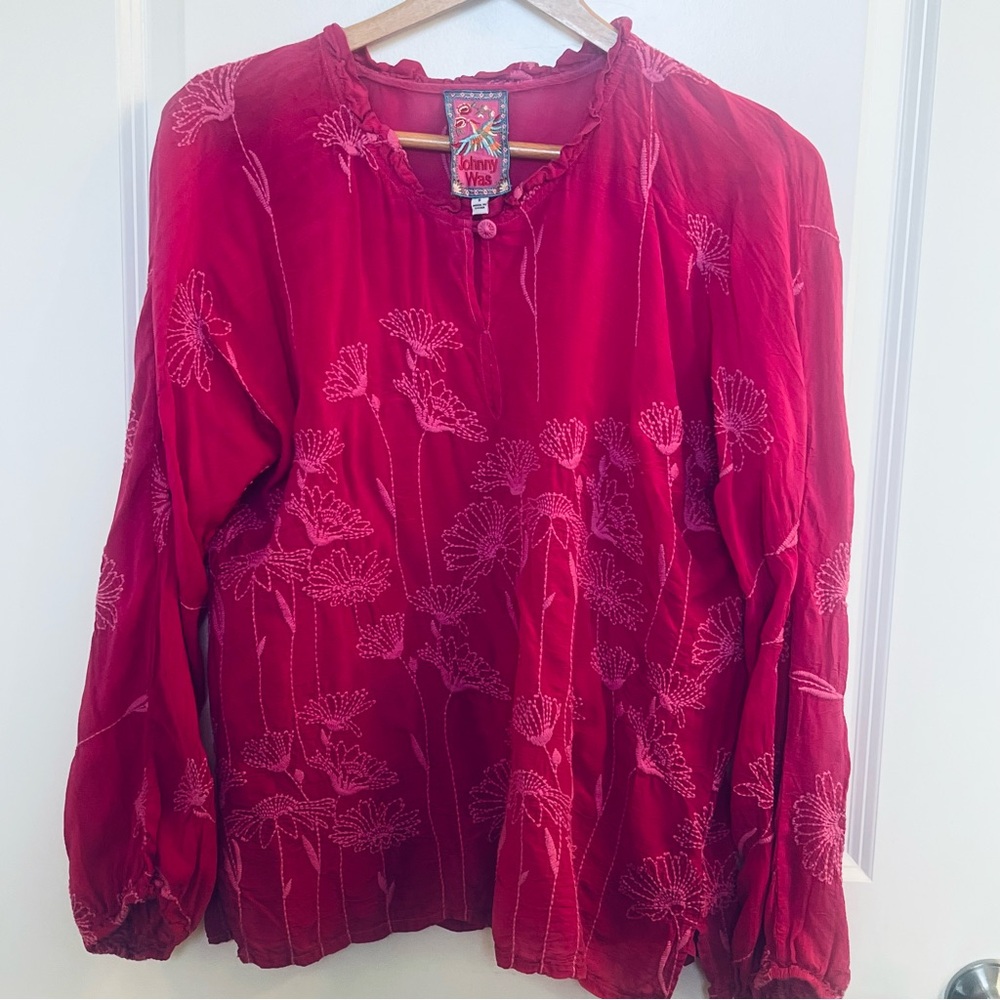 Johnny Was Vibrant Pink Floral Embroidered Blouse - Picture 5 of 5